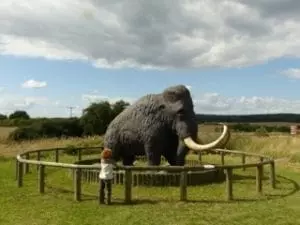 Ein Kind mit lockigem Haar steht vor einer großen Mammutstatue, die von einem Holzzaun umgeben ist. Diese entzückende Szene, perfekt für einen Familienausflug, spielt sich auf einer Wiese unter einem teilweise bewölkten Himmel ab.