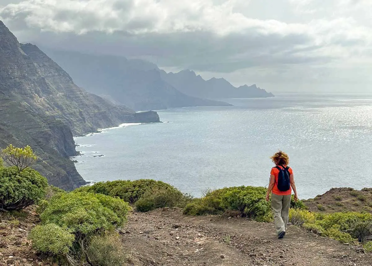 Eine Person mit einem Rucksack wandert auf einem Küstenweg mit grünen Sträuchern und blickt unter bewölktem Himmel auf die Klippen und das Meer – so macht auf Gran Canaria Wandern mit Kindern Spaß.