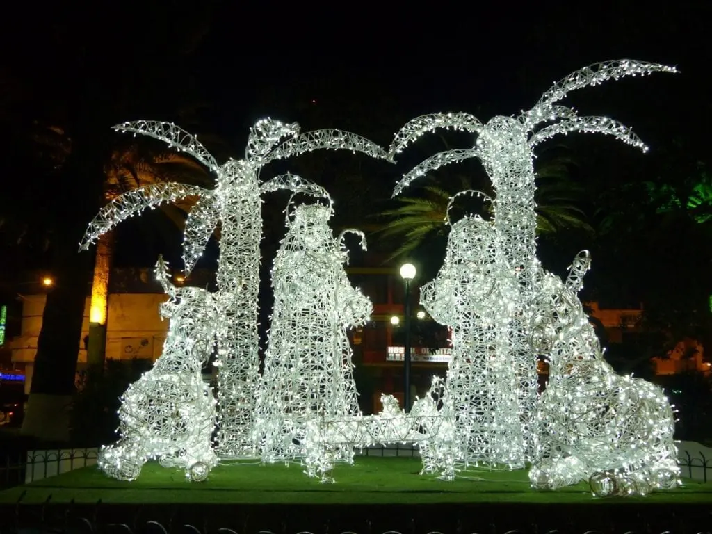 Beleuchtete Drahtskulpturen bilden eine liebevolle Weihnachtskrippe mit Maria, Josef und dem Jesuskind, umgeben von Palmen und Tieren. Diese bezaubernde Darstellung, perfekt für einen unvergesslichen Familienausflug, findet in einer nächtlichen Außenkulisse statt, mit zusätzlichen funkelnden Baumlichtern im Hintergrund.