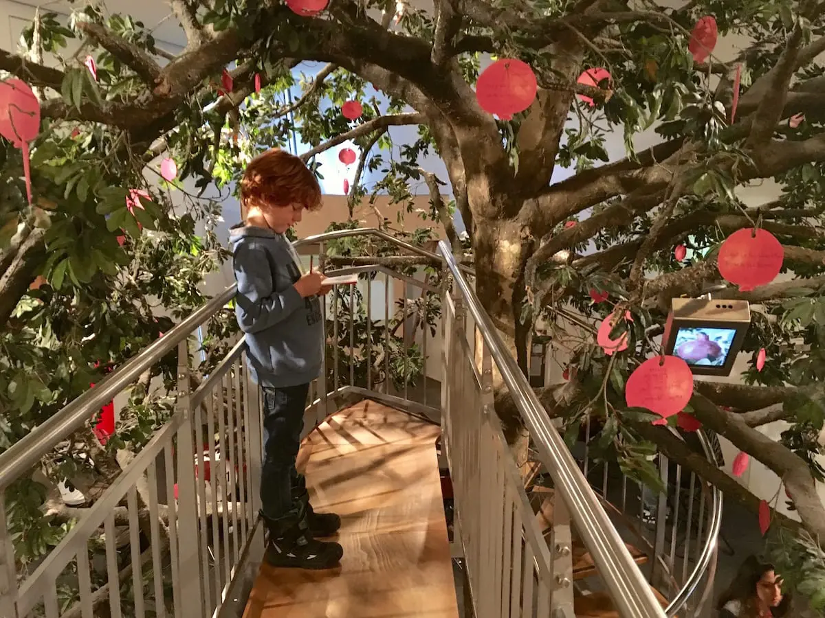 Ein Kind mit lockigem rotem Haar steht auf einer Holzplattform zwischen mit rosafarbenen, runden Notizen geschmückten Ästen im Jüdischen Museum Berlin mit Kind. Umgeben von dieser einzigartigen Baumkulisse im Innenbereich betrachtet es aufmerksam etwas.