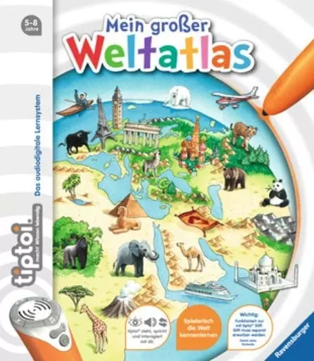 Farbenfrohes Cover eines Kinder-Weltatlas mit berühmten Sehenswürdigkeiten, Tieren und einer Karte. Der Titel lautet „Mein großer Weltatlas“. Ideal für Kinder, die sich für Reisen begeistern – mit dem Eiffelturm, den Pyramiden, einem Elefanten, einer Giraffe und anderen weltbekannten Symbolen. Für Kinder von 5 bis 8 Jahren.