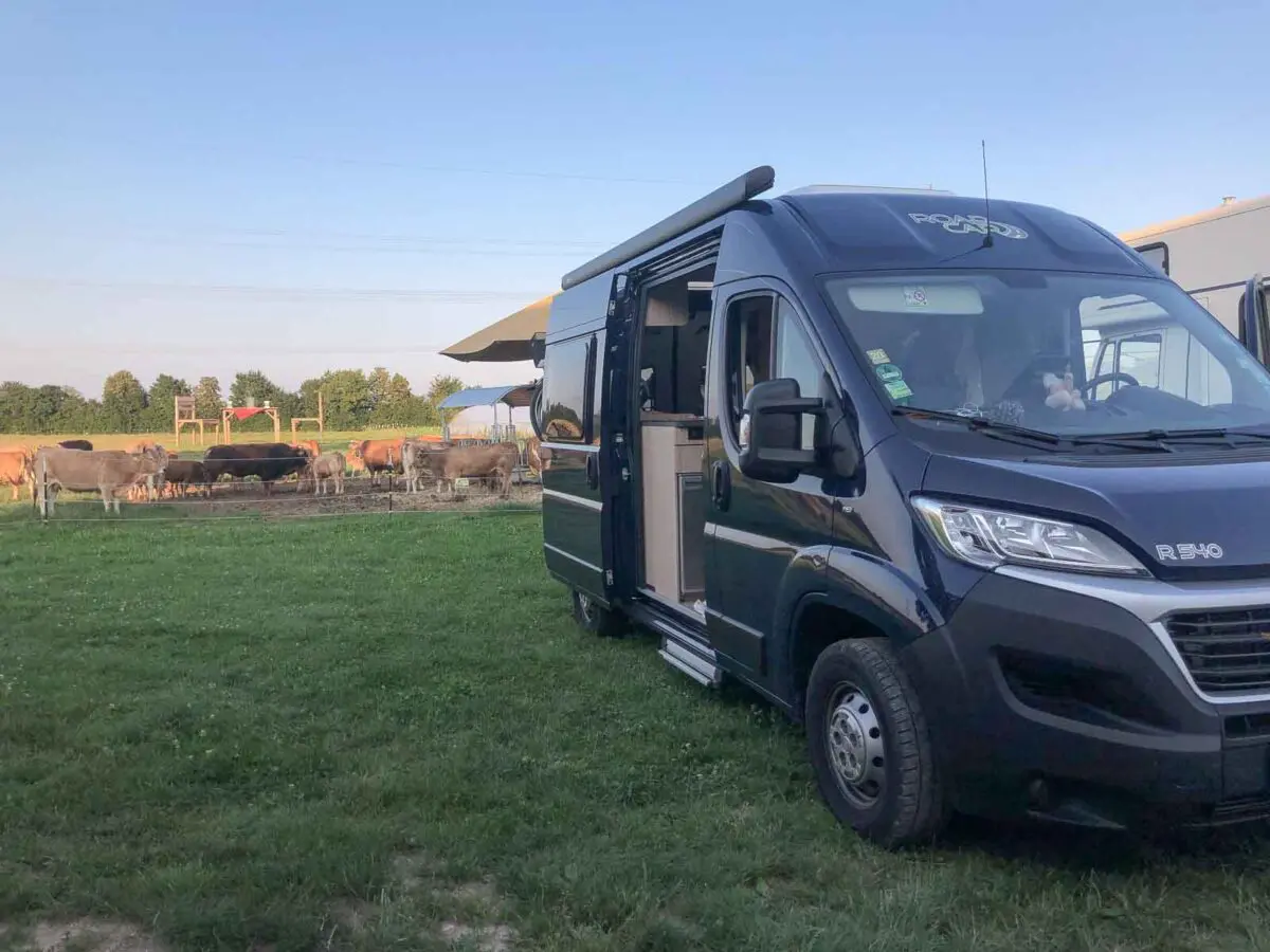 Wohnmobil an einer Kuhweide auf einem Stellplatz auf dem Bauernhof