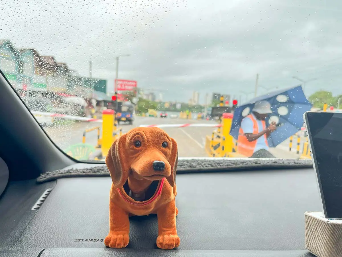 Ein brauner Plüschhund sitzt auf dem Armaturenbrett eines Autos mit Regentropfen auf der Windschutzscheibe - bereit für ein Abenteuer in Kenia mit Kindern. Draußen hält eine Person in einer orangefarbenen Weste einen Regenschirm in der Nähe von Ampeln und entfernten Gebäuden.