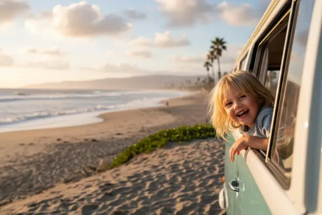 Ein lächelndes Kind lehnt sich aus dem Fenster eines blaugrünen Lieferwagens, der bei Sonnenuntergang an einem Sandstrand geparkt ist - die perfekte Szene für Roadtrips mit diabetischem Kind, mit Wellen, Palmen und fernen Bergen im Hintergrund.