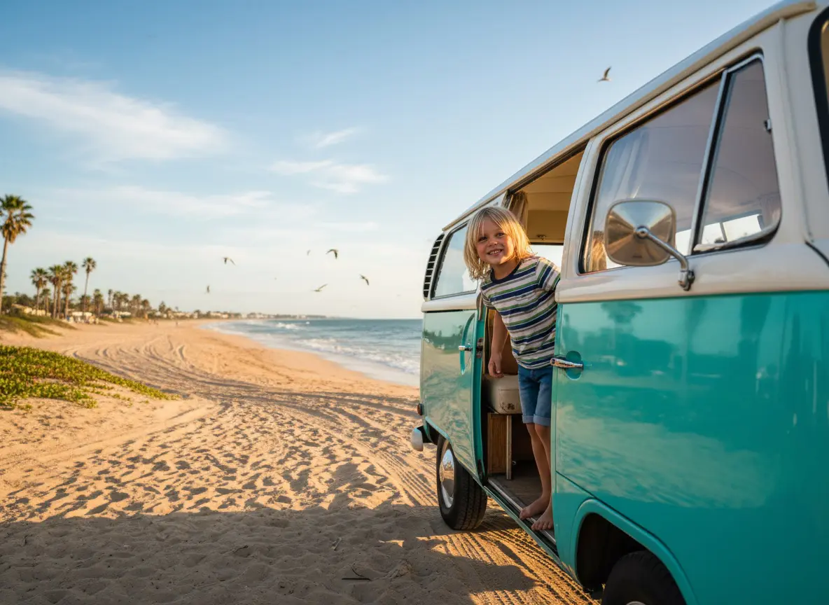 Ein kleines Kind lächelt, während es sich aus der Tür eines türkisfarbenen Campingbusses lehnt, der an einem Sandstrand geparkt ist.