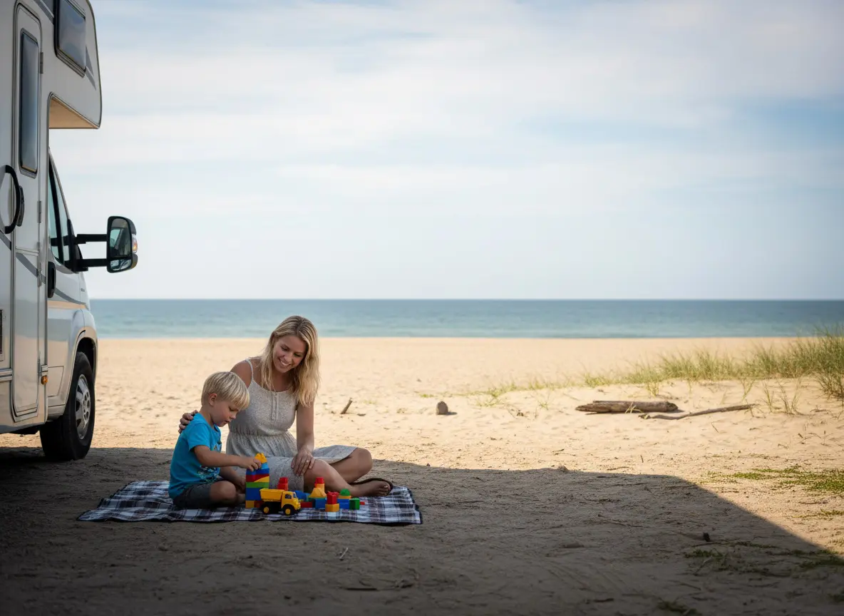 Eine Frau und ein kleines Kind sitzen auf einer karierten Decke neben einem Wohnmobil und spielen mit bunten Bauklötzen an einem Sandstrand - perfekt für Roadtrips mit diabetischem Kind, um gemeinsam die Meeresbrise und den blauen Himmel zu genießen.
