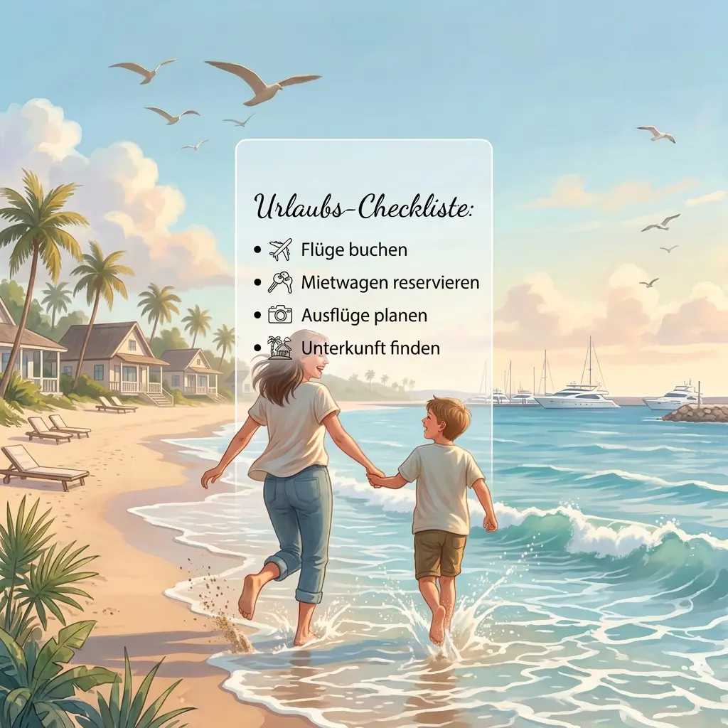 Eine Frau und ein Kind spazieren an einem tropischen Strand entlang, an dem Boote im Wasser liegen, und träumen vielleicht von kühleren Tagen in Berlin bei dieser Hitze. In der Mitte ist eine deutsche Urlaubs-Checkliste mit Symbolen für Flüge, Mietwagen, Ausflüge und Unterkünfte zu sehen. Über ihnen fliegen Möwen.
