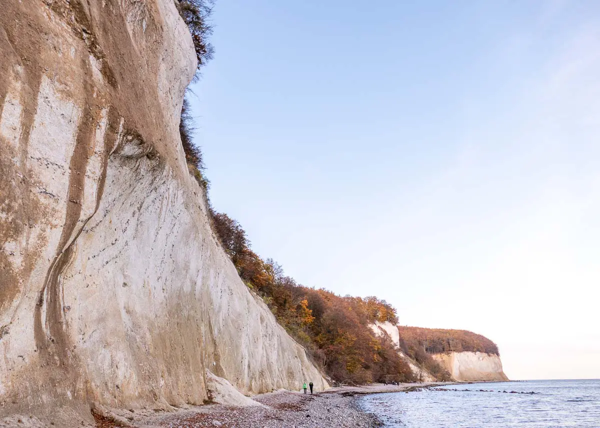 DEUTSCHLAND-Kreidefelsen-Ruegen-1078783 Weiße Kreidefelsen ragen neben einer felsigen Küste empor, während zwei kleine Gestalten am Strand entlanggehen. Die Felsen sind von herbstlich gefärbten Bäumen gesäumt, über ihnen erstreckt sich ein klarer, blasser Himmel. Rechts erstreckt sich das ruhige Meer.