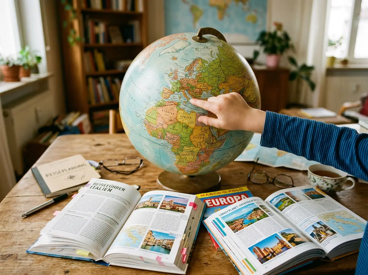 Eine Person zeigt auf einen Ort auf einem Globus, umgeben von aufgeschlagenen Reiseführern über Europa und Italien, Gläsern, einer Landkarte und einer Tasse Tee auf einem Holztisch in einem gemütlichen, sonnendurchfluteten Raum mit Bücherregalen und Pflanzen.