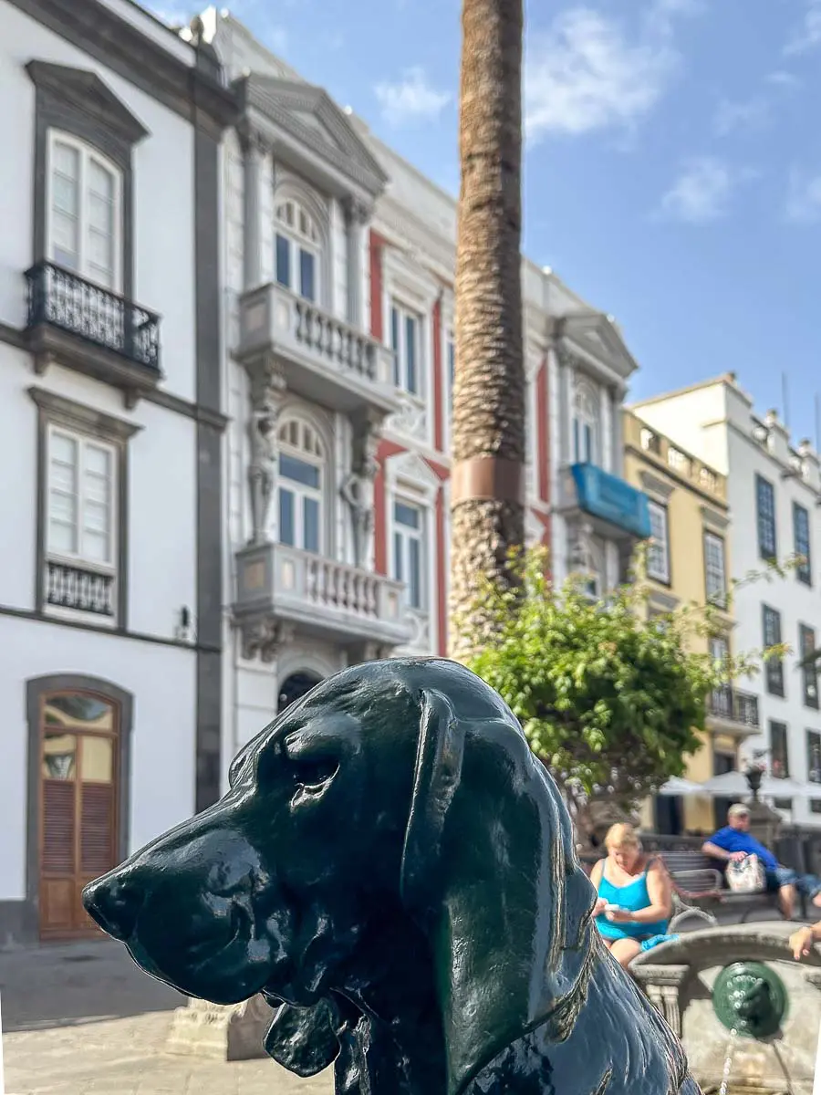 Eine Hundestatue aus Bronze im Vordergrund, im Hintergrund historische Gebäude, eine hohe Palme und Menschen, die auf Bänken unter blauem Himmel sitzen – an der Plaza Santa Ana reihen sich die Sehenswürdigkeiten von Las Palmas de Gran Canaria aneinander.