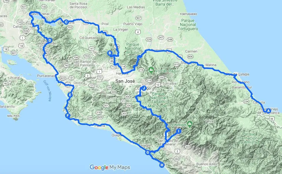 Costa Rica Roadtrip Route Karte