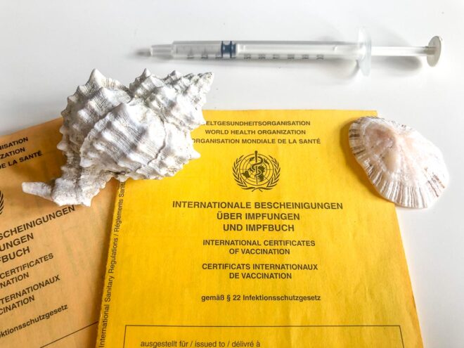 Eine Spritze und zwei Muscheln liegen neben gelben Heften mit der Aufschrift „Internationale Zertifikate zur Hepatitis-Impfung“. Die Hefte enthalten mehrsprachigen Text, angeordnet auf einer makellos weißen Oberfläche.