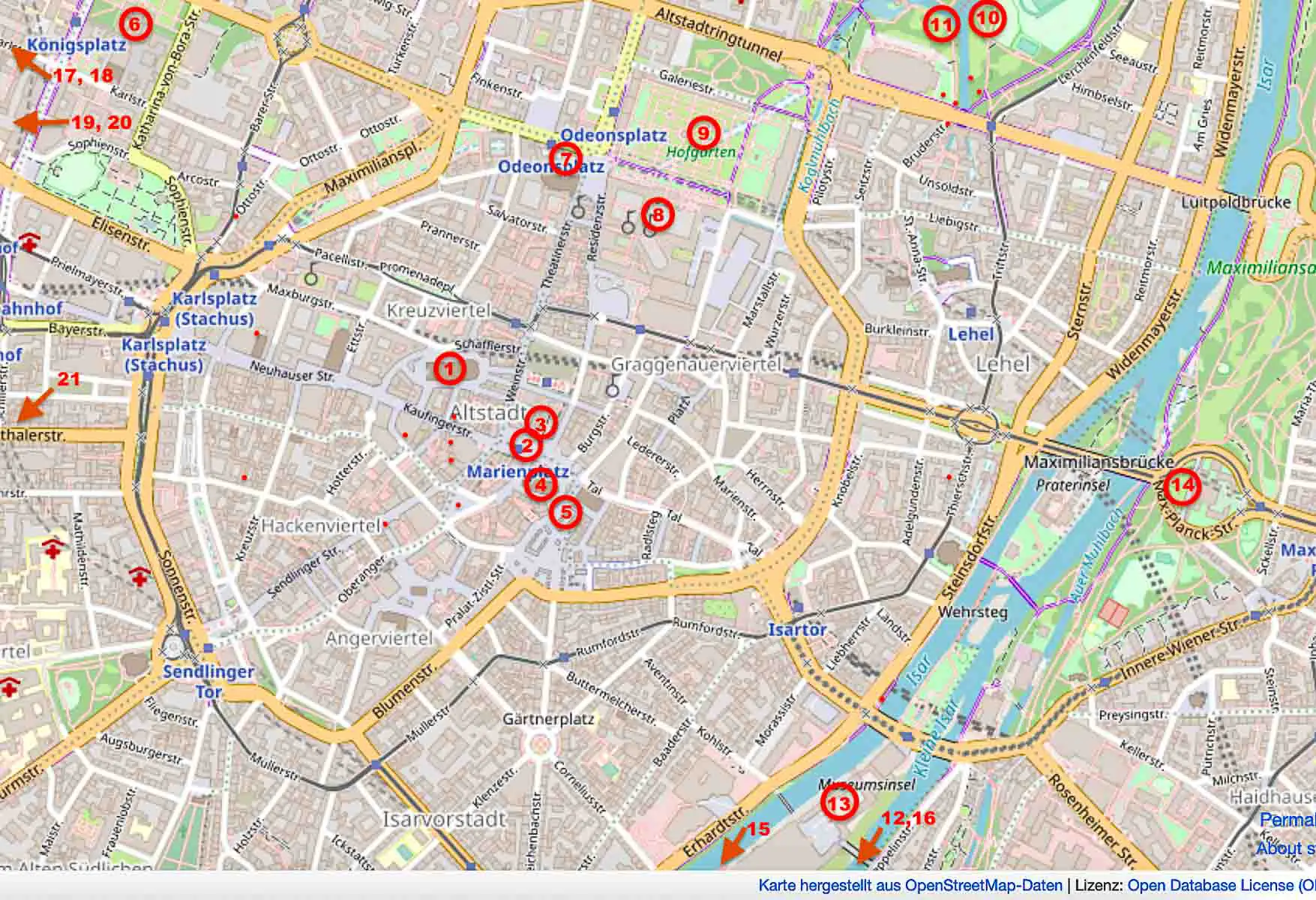 München Sehenswürdigkeiten auf der Stadtkarte von Open Street Map