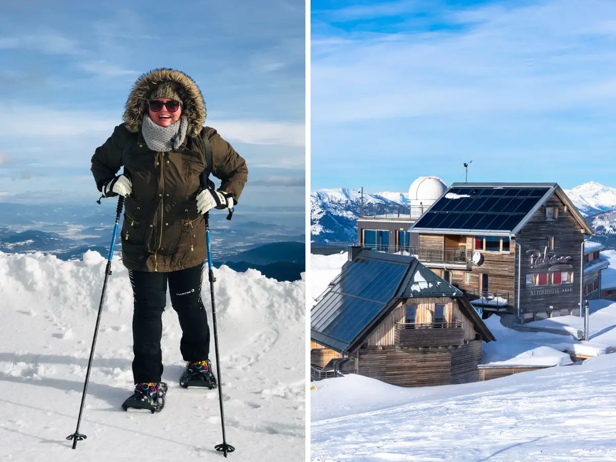 Frau mit Schneeschuhen und einem Berg und Berghütte