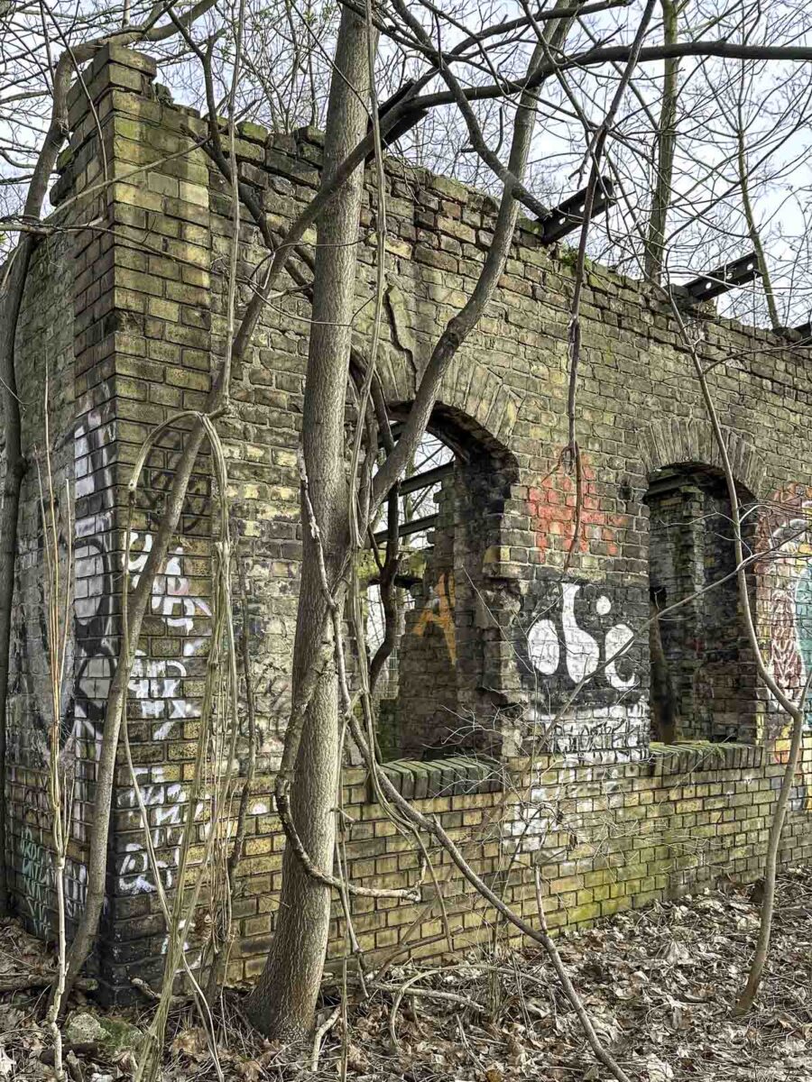 Verfallenes Gebäude mit Graffiti im Berliner Park Gleisdreieck