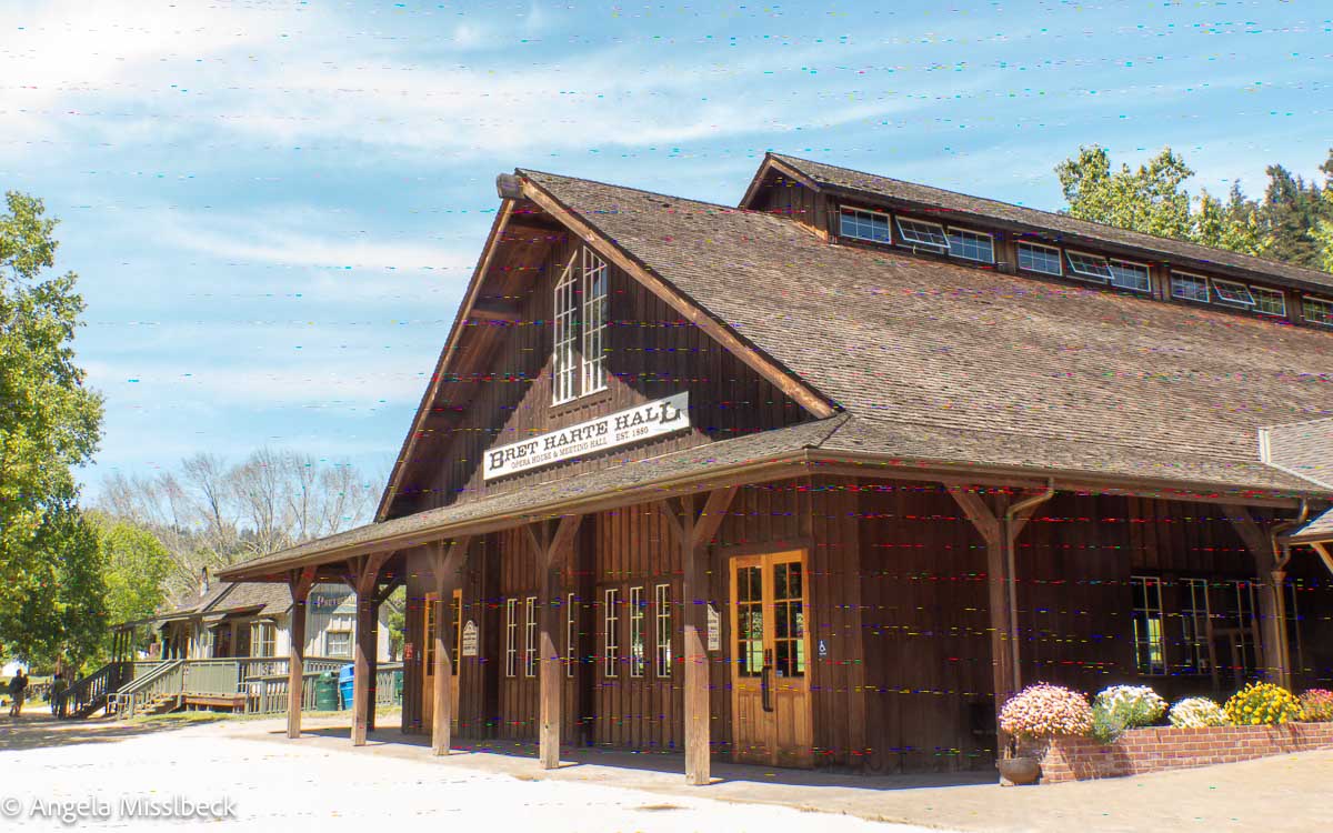 Ein rustikales Holzgebäude mit einem Schild mit der Aufschrift „Bret Harte Hall“ schmiegt sich zwischen Bäume, ähnlich den charmanten Lodges in US-Nationalparks. Es besticht durch ein steiles Schindeldach und große Fenster, während bunte Blumen den einladenden Eingang schmücken.