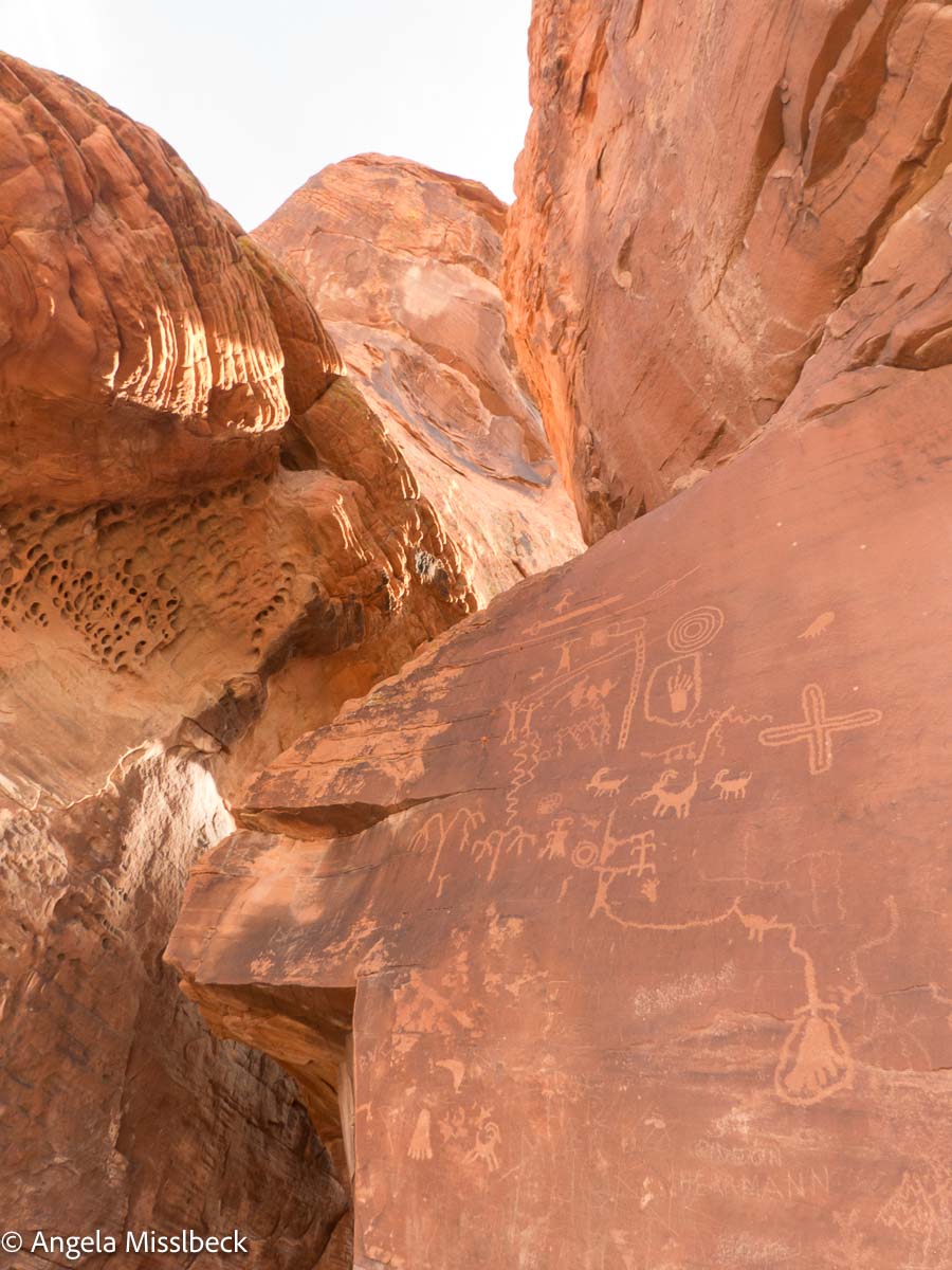 Uralte Petroglyphen zieren die roten Felsoberflächen eines Canyons inmitten der Naturpracht eines Naturparks im Westen der USA. Die Schnitzereien zeigen menschliche Figuren, Tiere und geometrische Formen und werden vom Sonnenlicht vor den schroffen Formationen wunderschön beleuchtet.