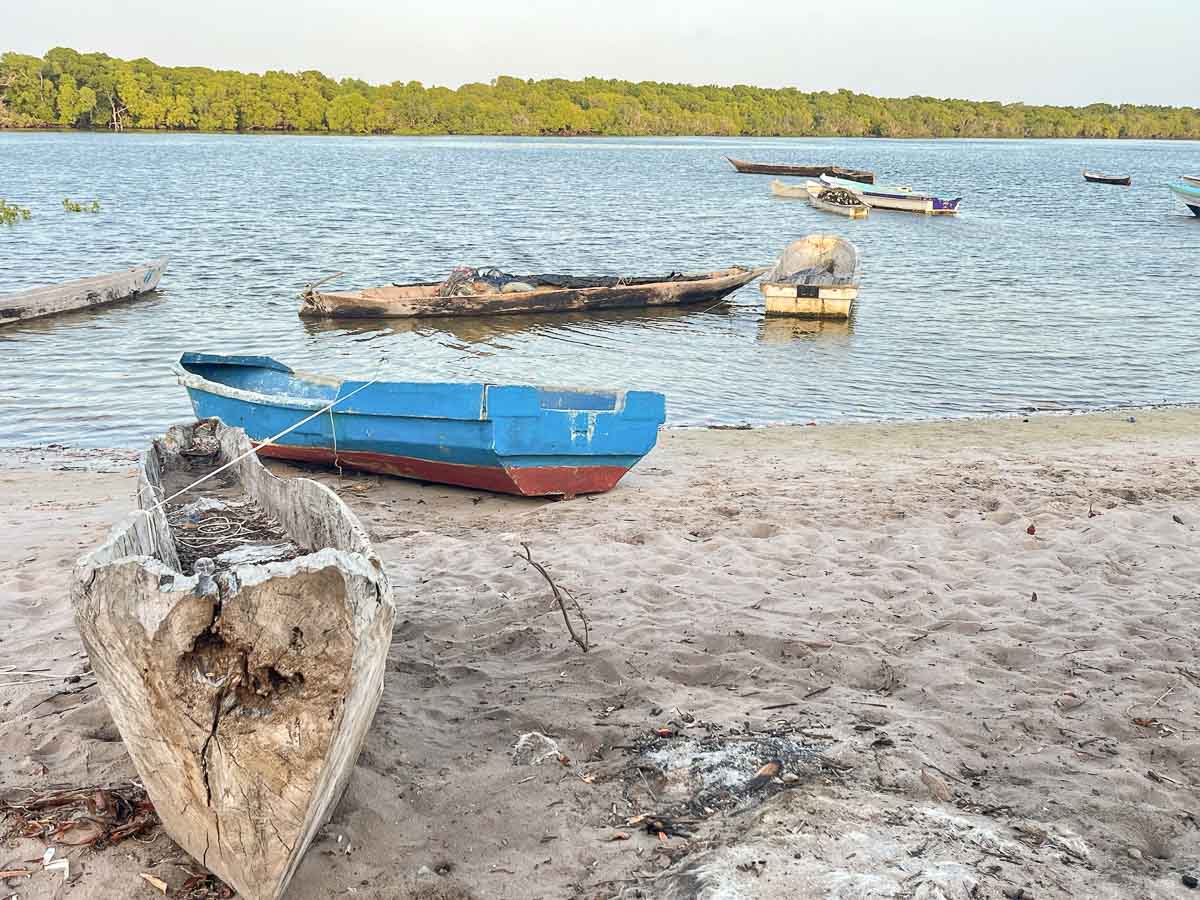 Mehrere Holzboote, darunter ein blaues, liegen am sandigen Ufer und im ruhigen Wasser. Grüne Bäume säumen das gegenüberliegende Flussufer unter einem klaren Himmel.