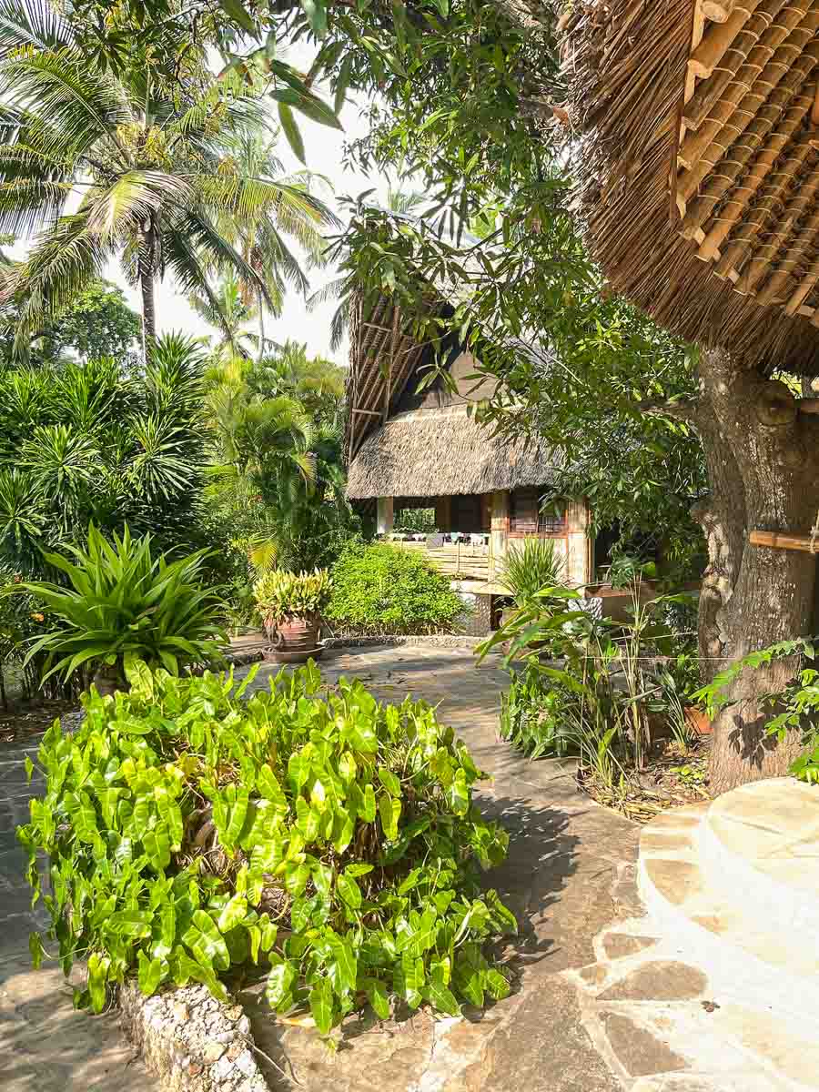 Ein üppiger tropischer Garten mit leuchtend grünen Pflanzen und Bäumen umgibt ein rustikales Gebäude mit einem Strohdach - ideal für eine Familienreise Kenia. Das Sonnenlicht dringt durch die Blätter und beleuchtet einen Steinweg und einen schattigen Sitzbereich.