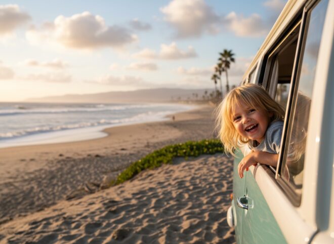 Ein lächelndes Kind lehnt sich aus dem Fenster eines blaugrünen Lieferwagens, der bei Sonnenuntergang an einem Sandstrand geparkt ist - die perfekte Szene für Roadtrips mit diabetischem Kind, mit Wellen, Palmen und fernen Bergen im Hintergrund.